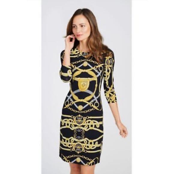 J. McLaughlin Sophia Dress Knee Length Gold Chesire Pattern size Medium‎ - Picture 2 of 9